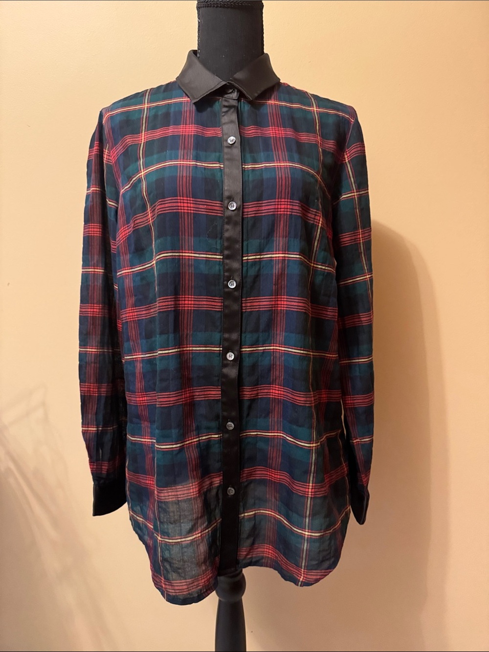 J. McLaughlin Black Plaid Button-Down Shirt with Red and Green Stripes